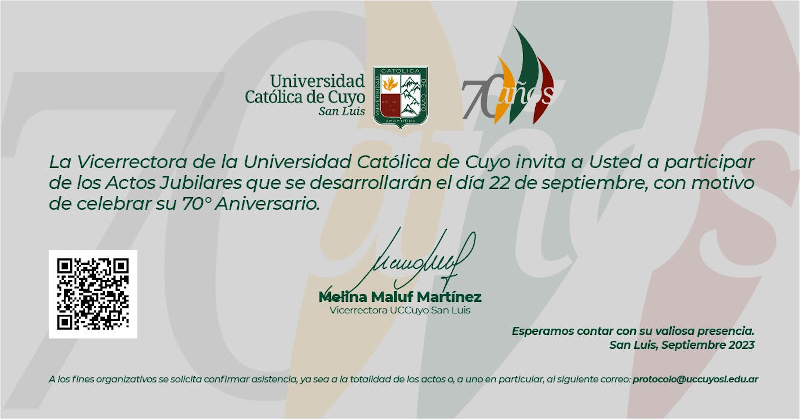 Invitación Actos Jubilares - 70° Aniversario UCCuyo